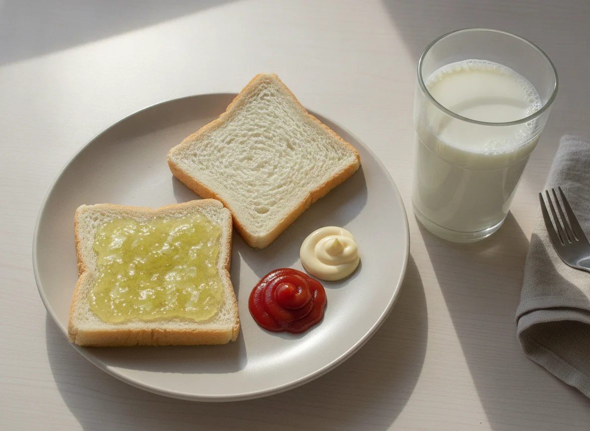 Desayuno chileno con pan de molde, leche y jalea photo