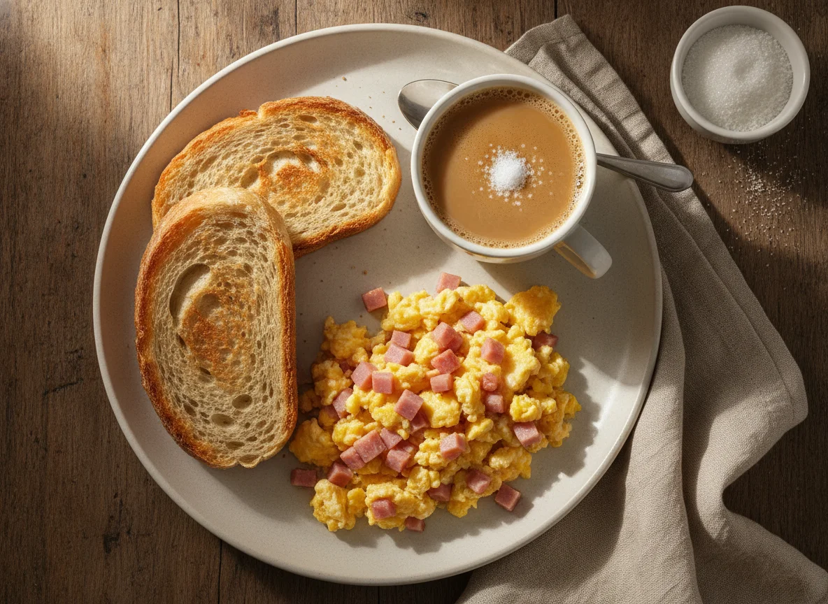 Desayuno chileno con pan tostado, huevos revueltos con jamón y café photo