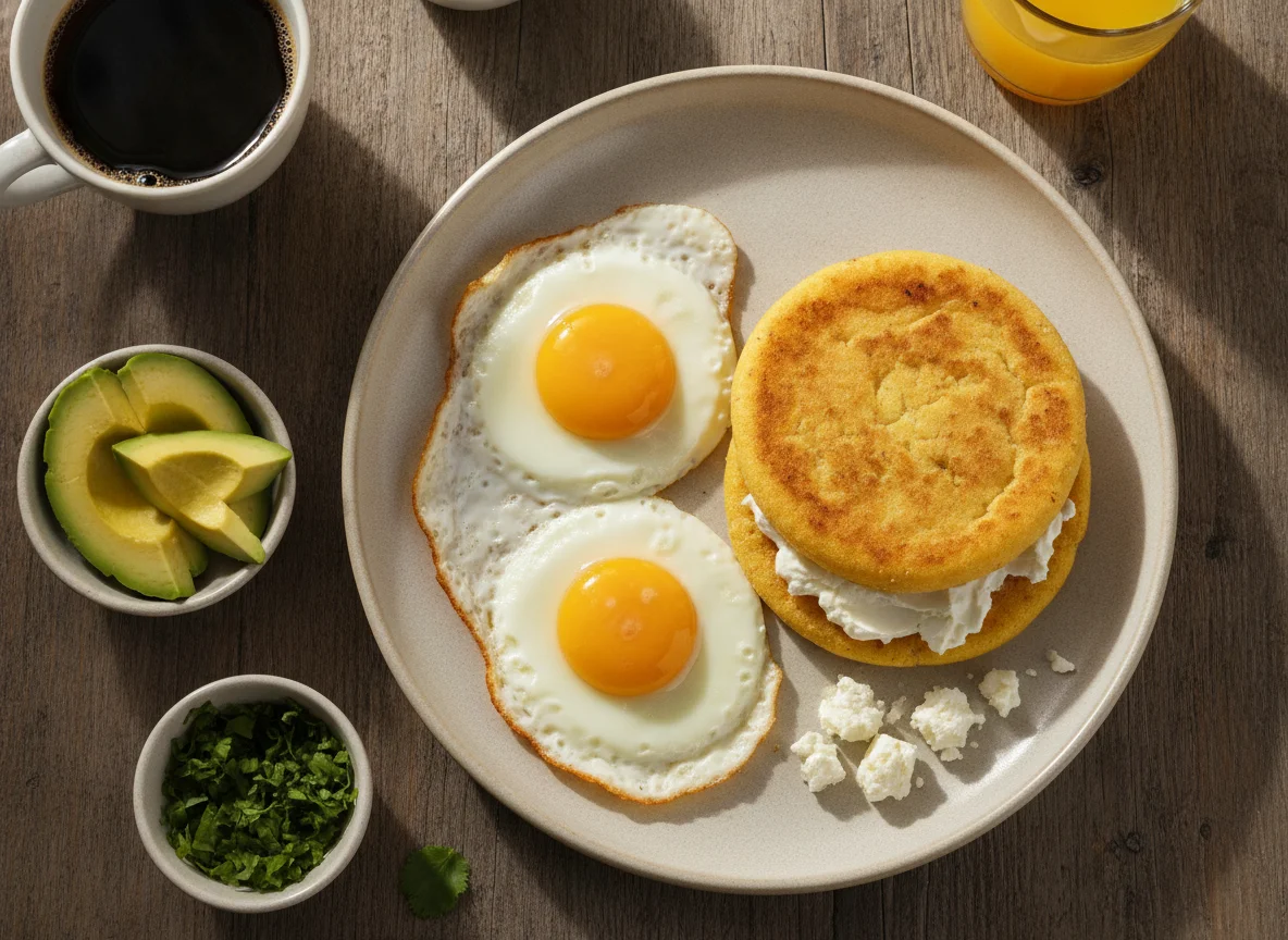 Desayuno colombiano con arepa, huevos fritos y queso crema photo