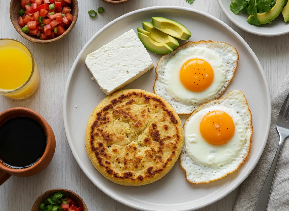 Desayuno colombiano con arepa, huevos fritos y queso photo