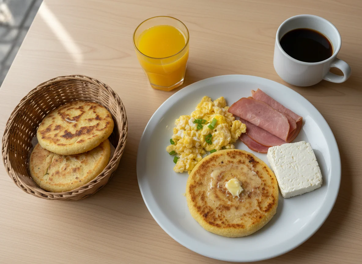 Desayuno colombiano con arepa, huevos revueltos, jamón y queso photo