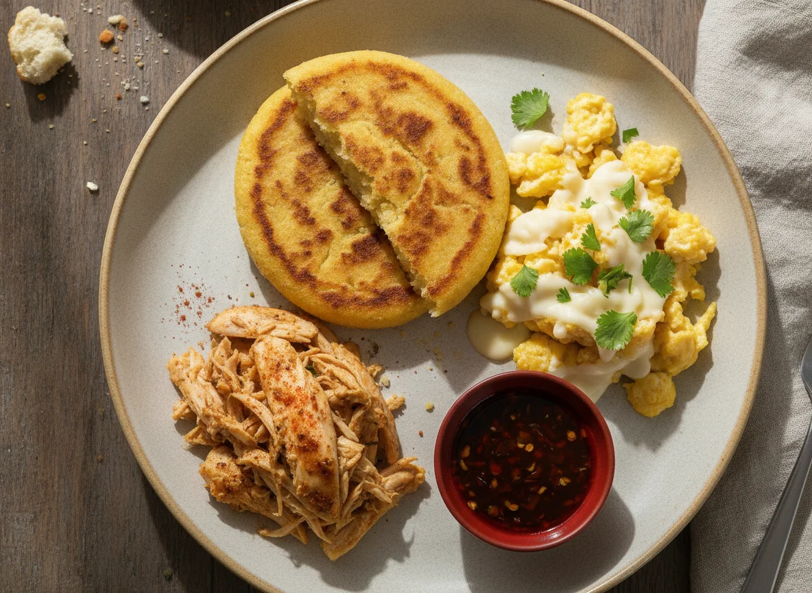 Desayuno colombiano con arepa, huevos y pollo photo
