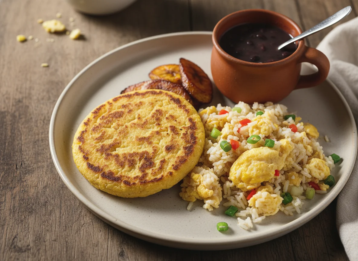 Desayuno colombiano con arepa y arroz revuelto photo