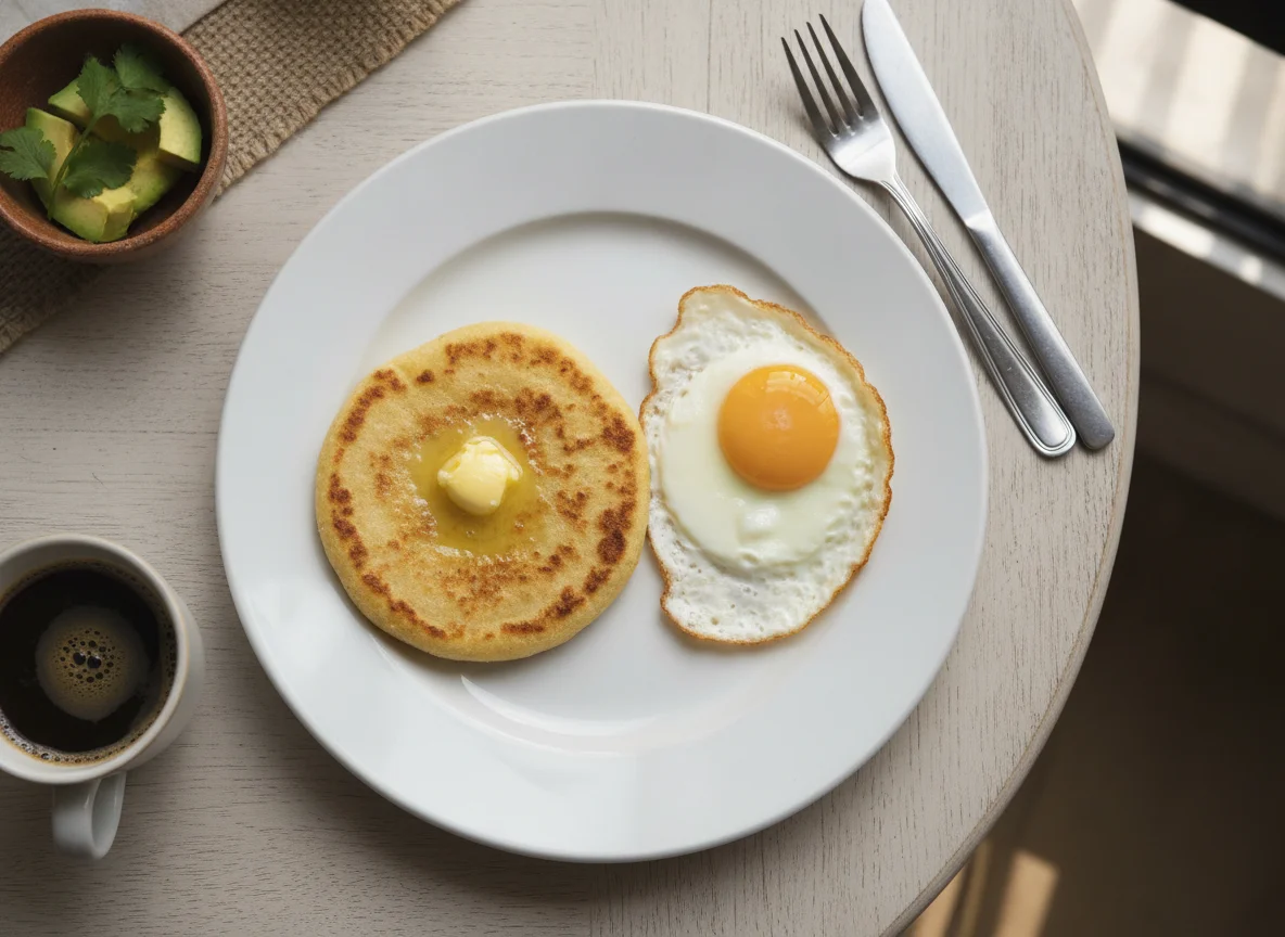 Desayuno colombiano con arepa y huevo frito photo