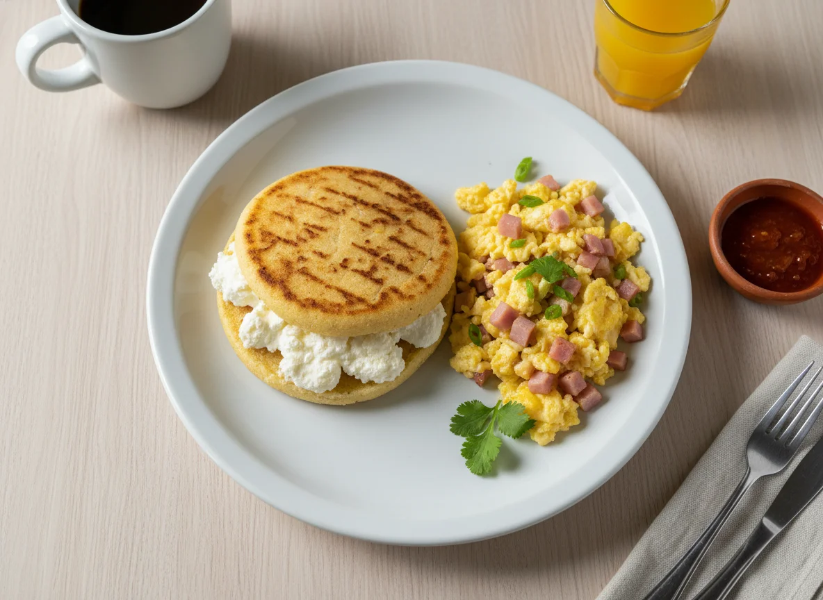 Desayuno colombiano con arepa y huevos revueltos photo