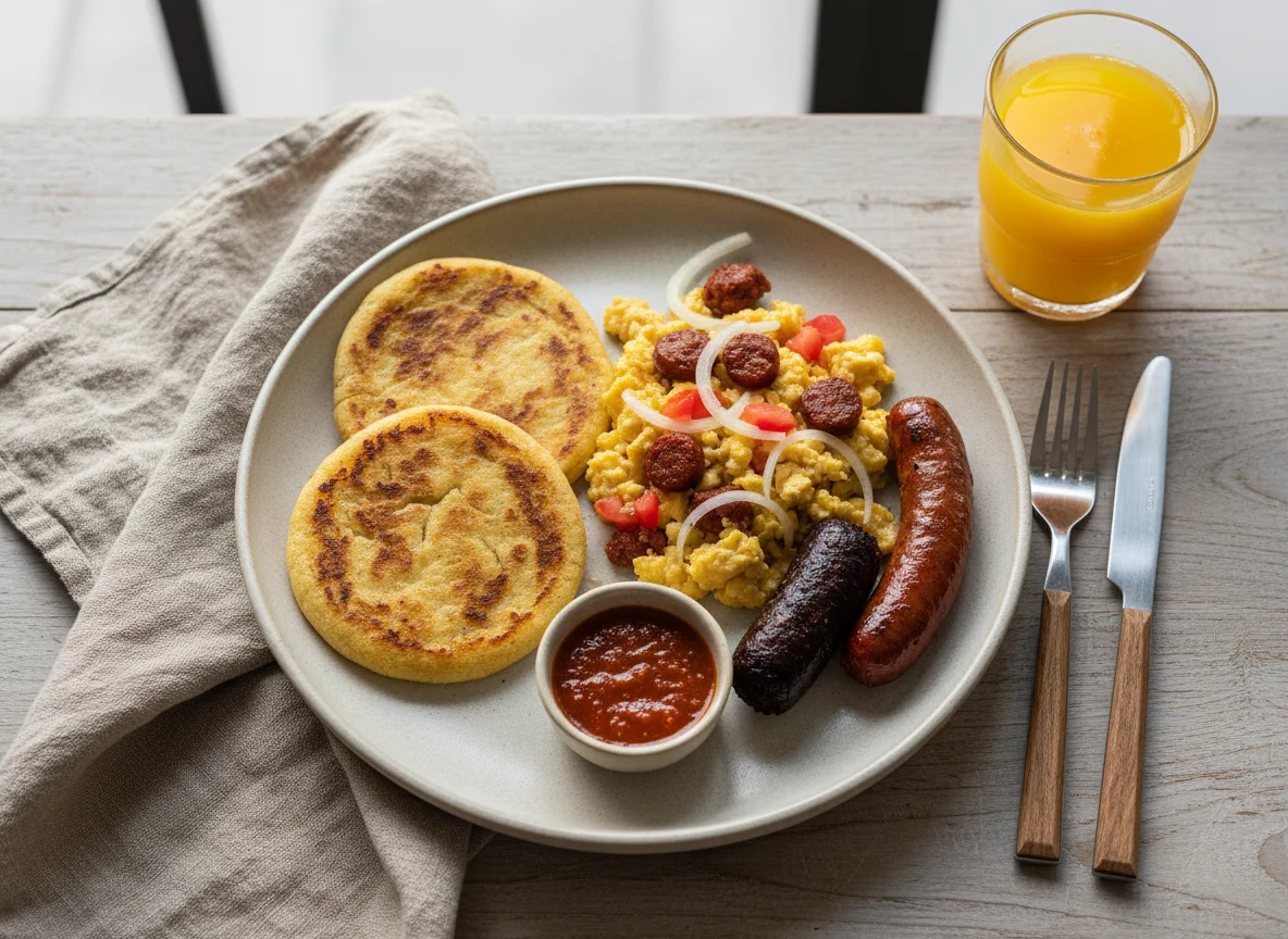 Desayuno colombiano con arepas y huevos revueltos photo