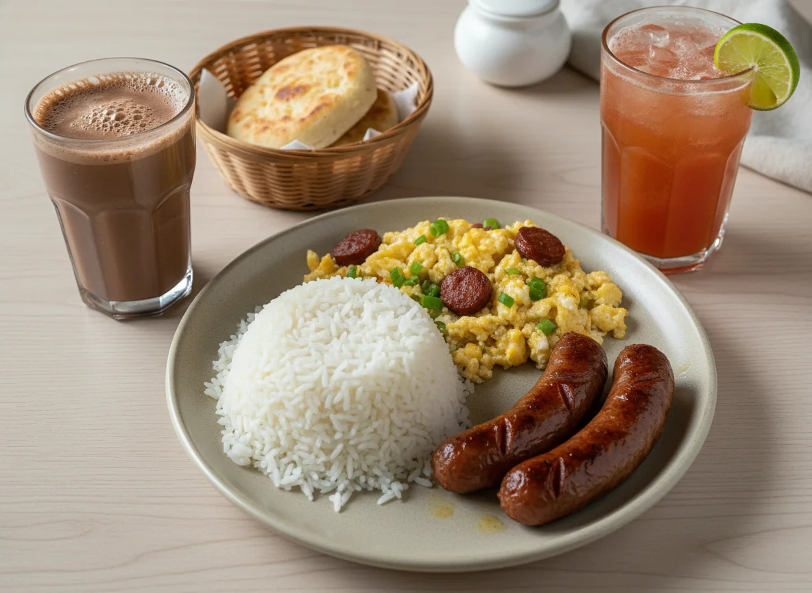 Desayuno colombiano con arroz, huevo, salchicha y bebida photo