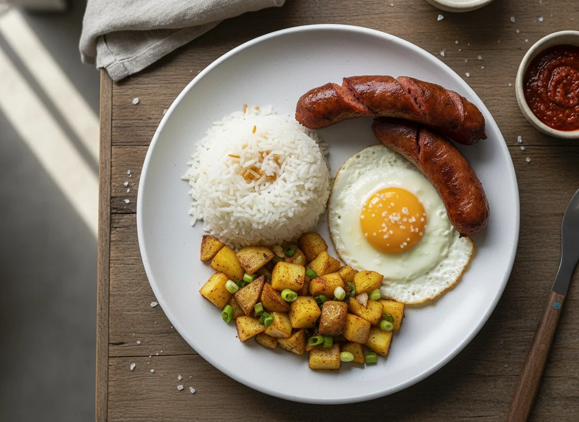 Desayuno colombiano con arroz, huevo, salchicha y papa salteada photo