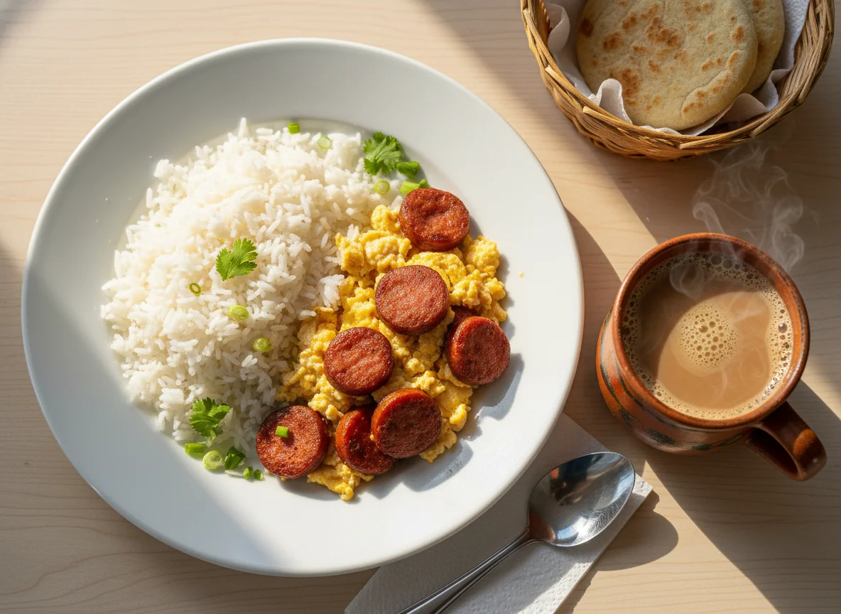 Desayuno colombiano con arroz, huevos revueltos con salchicha y café con leche photo