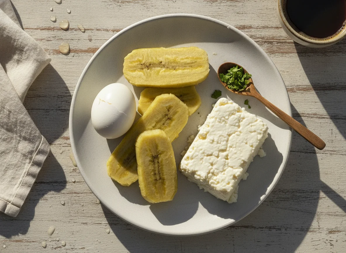 Desayuno colombiano con huevo, plátano y queso photo