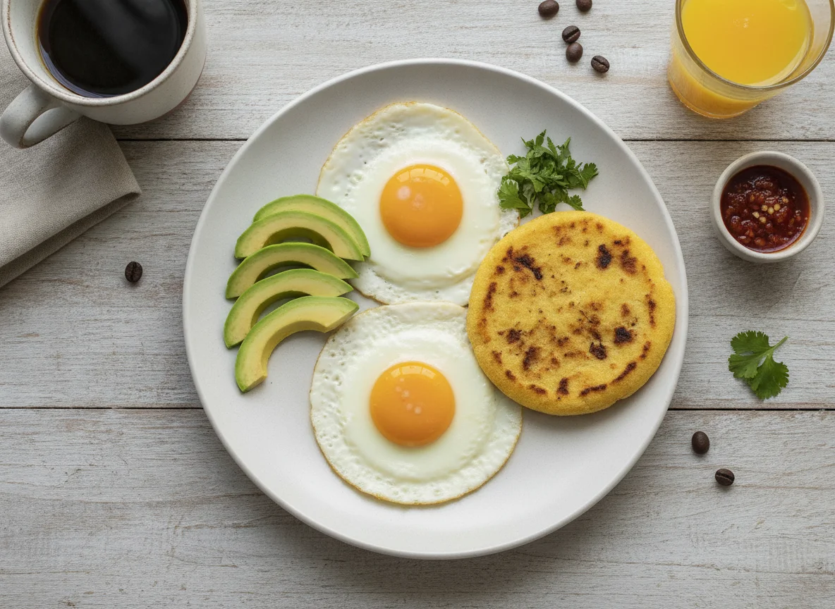 Desayuno colombiano con huevos, aguacate y arepa photo