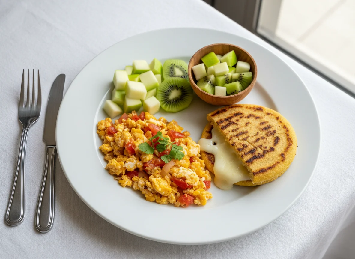 Desayuno colombiano con huevos, arepa y fruta photo