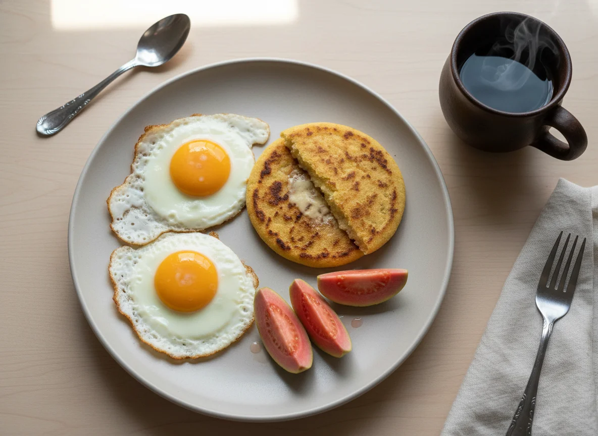 Desayuno colombiano con huevos, arepa y guayaba photo