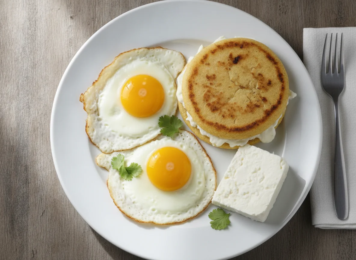 Desayuno colombiano con huevos, arepa y queso photo