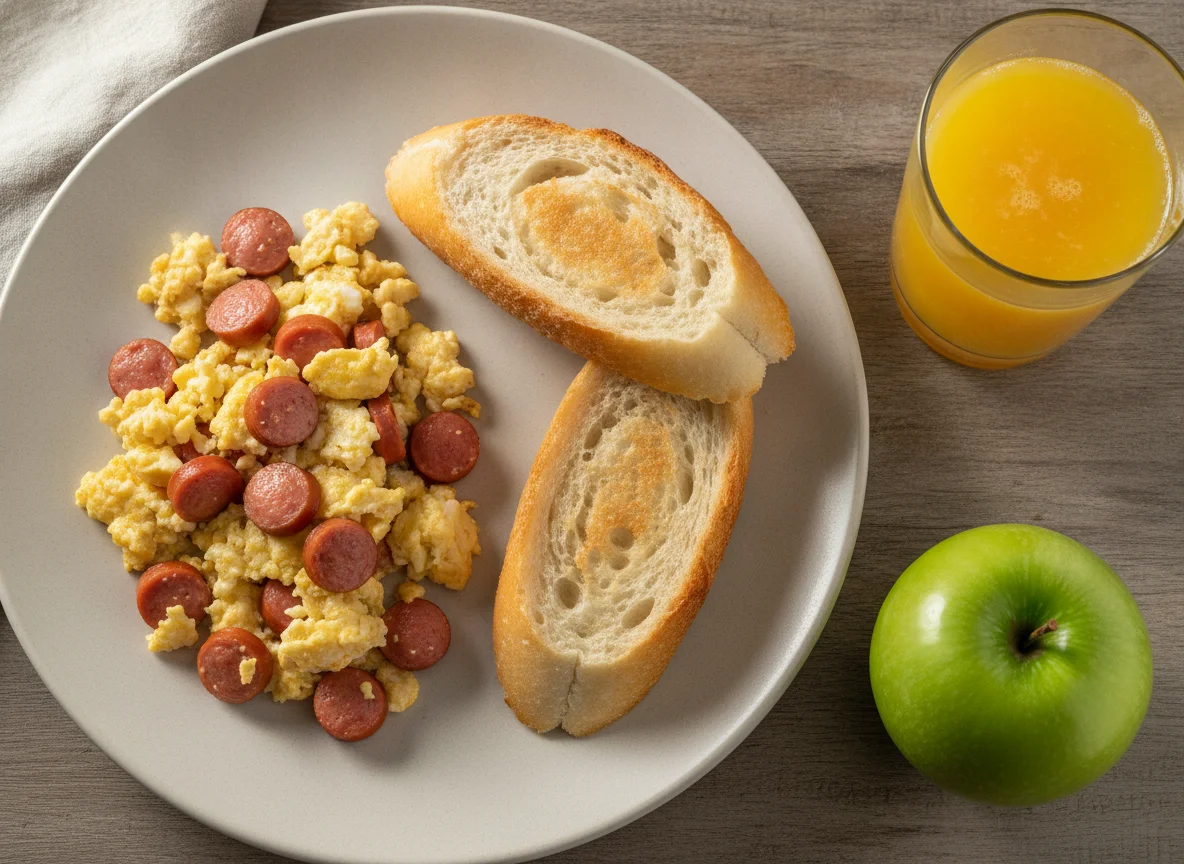Desayuno colombiano con huevos con salchicha, pan, jugo de naranja y manzana photo