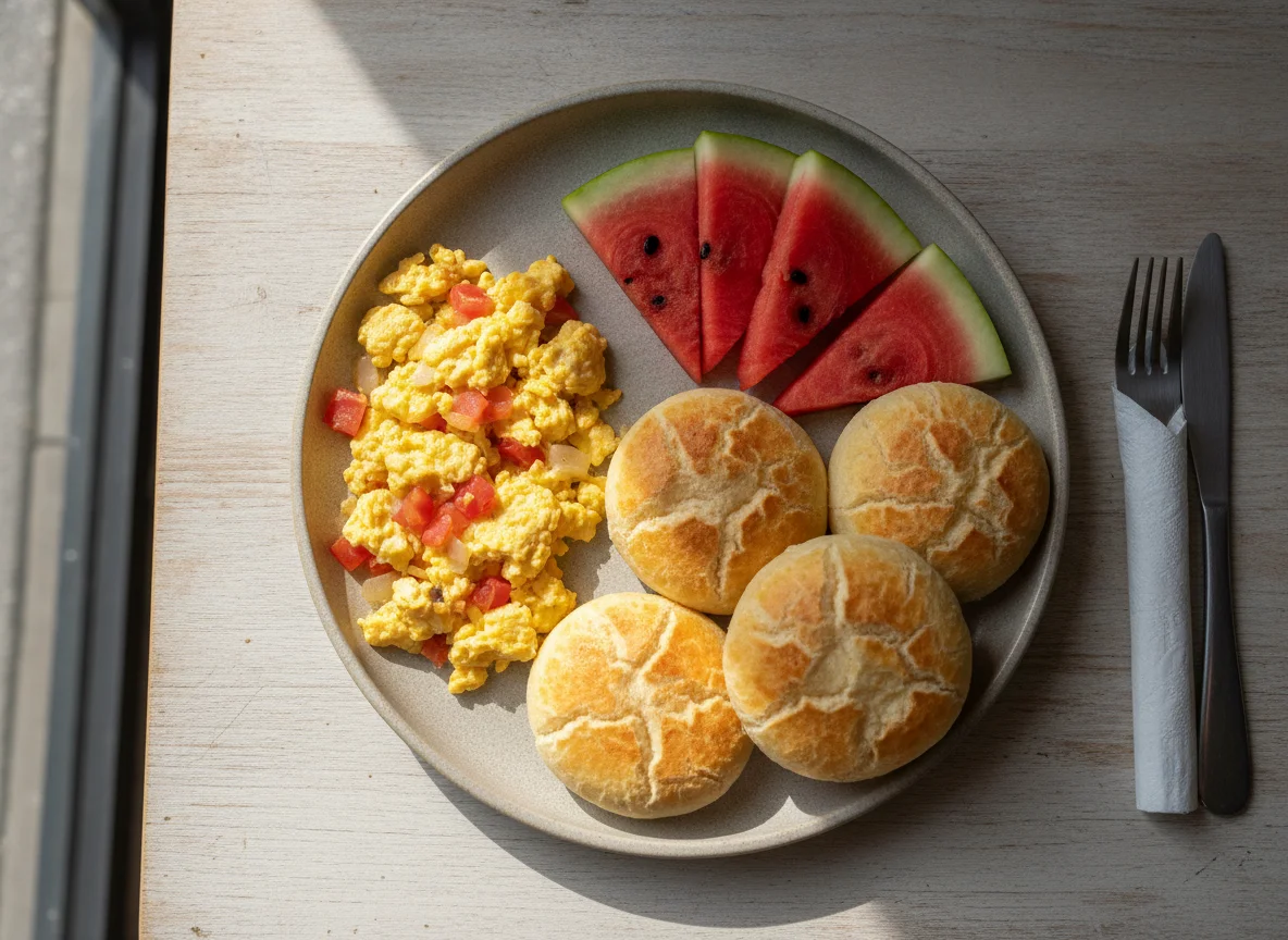 Desayuno colombiano con huevos, pan y sandía photo