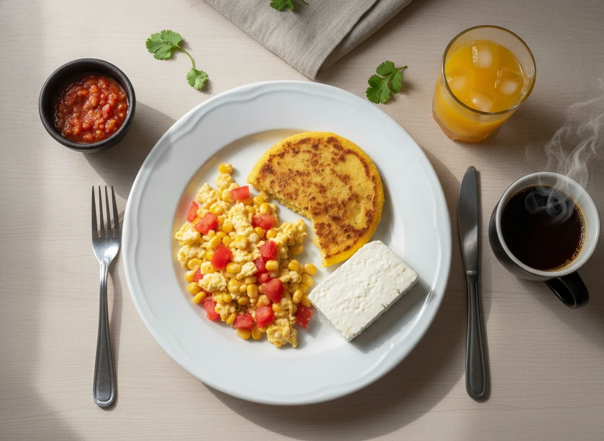 Desayuno colombiano con huevos revueltos, arepa y queso photo