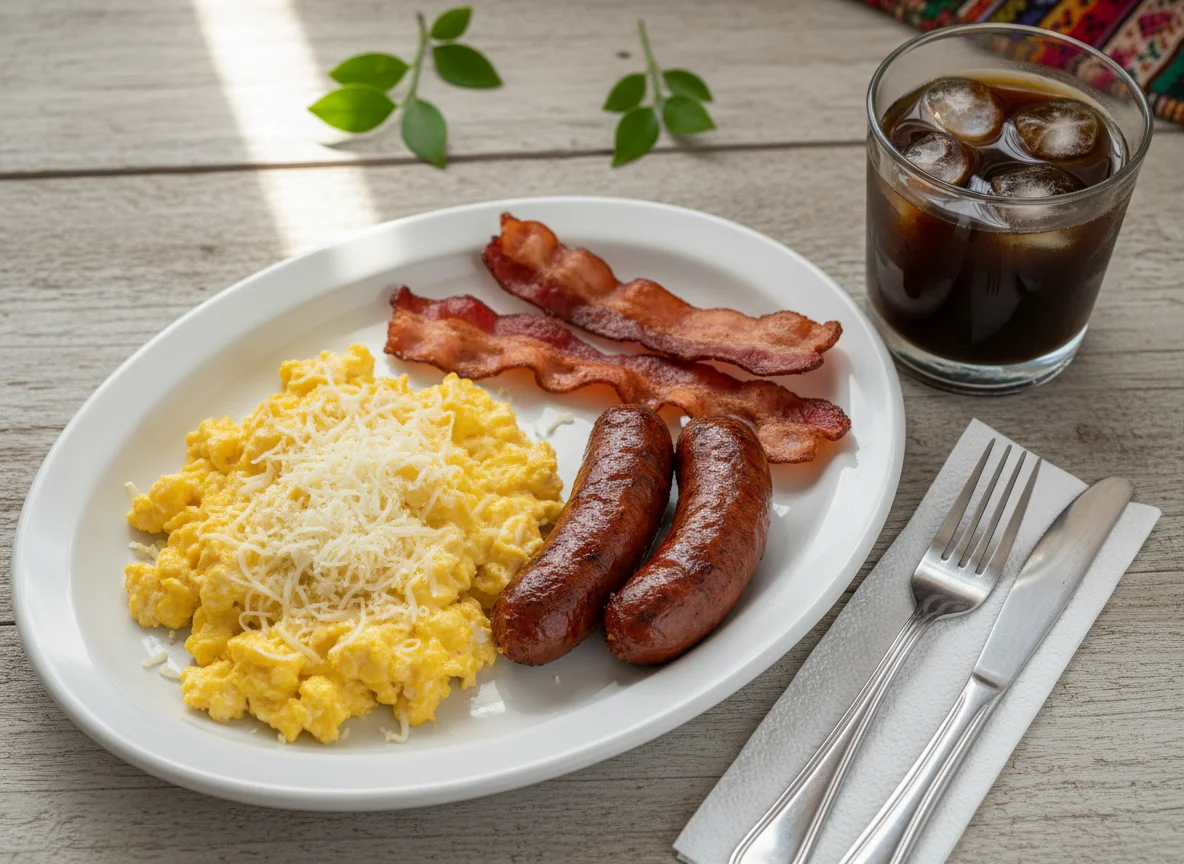 Desayuno colombiano con huevos revueltos, tocineta, salchicha y café photo
