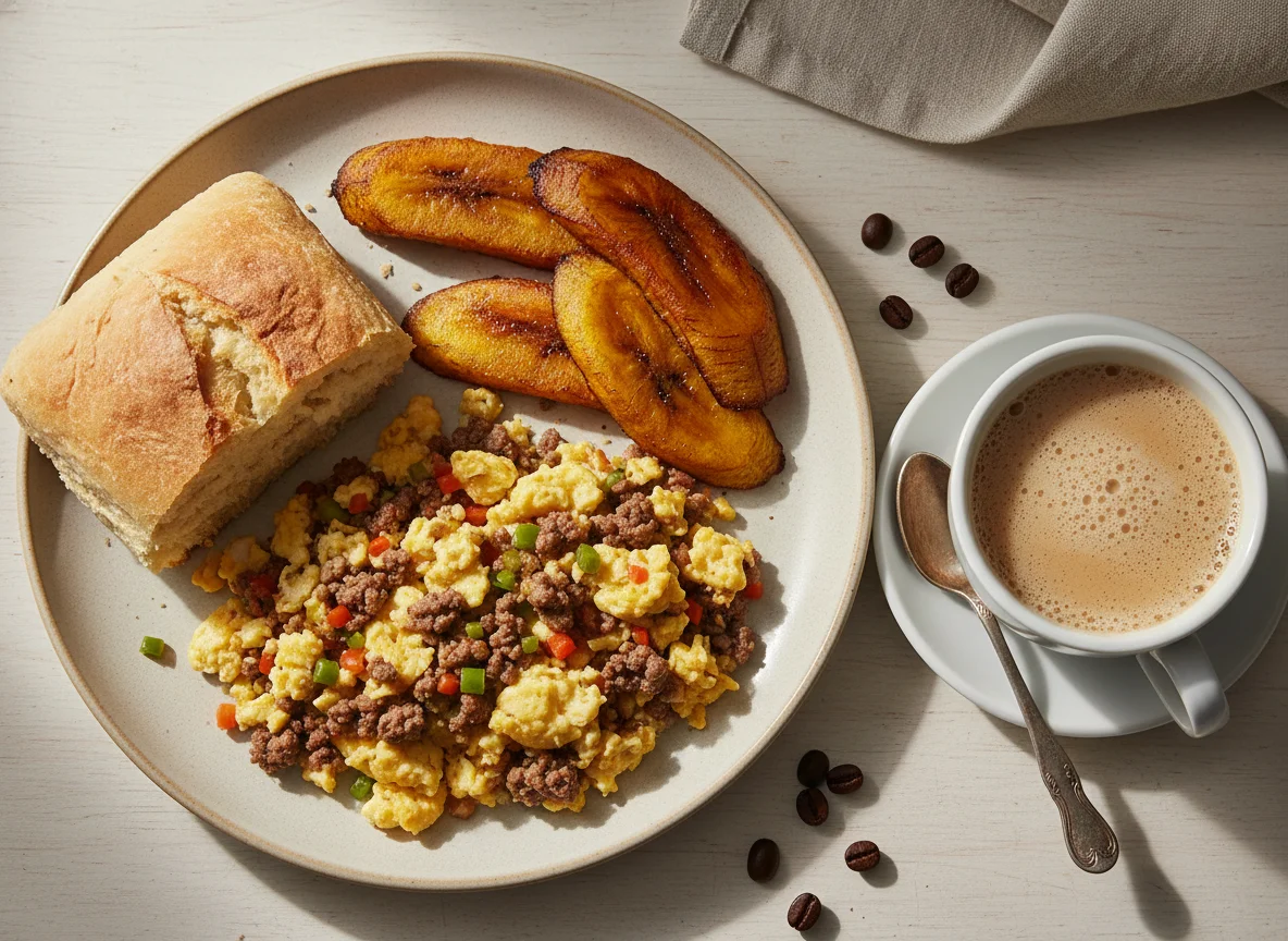 Desayuno colombiano con huevos revueltos y plátano photo