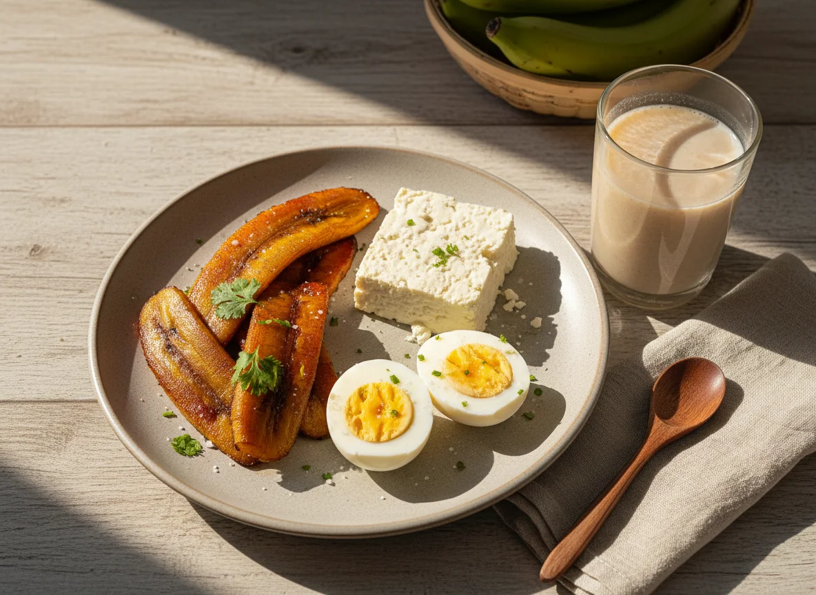 Desayuno colombiano con plátano, huevo, queso y bebida láctea photo