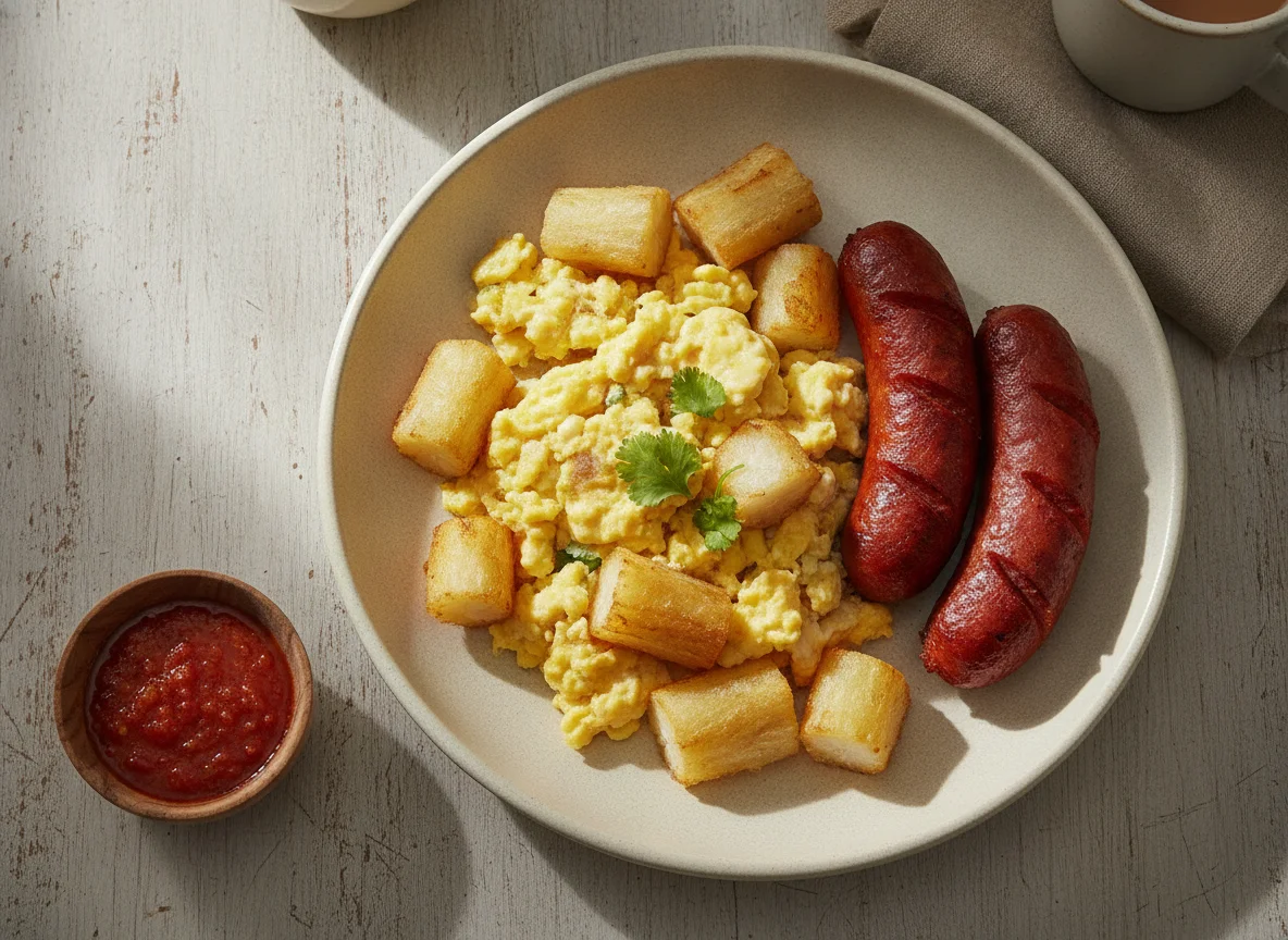 Desayuno colombiano con yuca y huevos revueltos photo