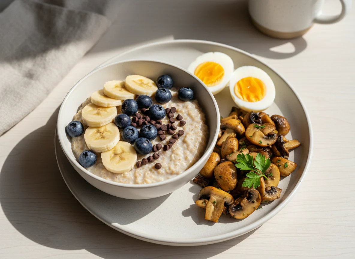 Desayuno completo con avena, huevos y champiñones photo