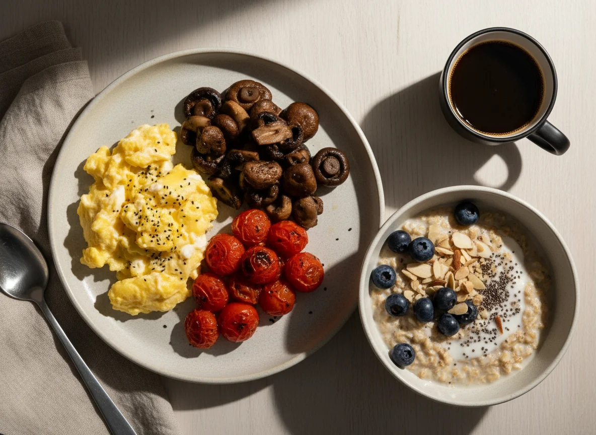 Desayuno completo con avena y huevos revueltos photo