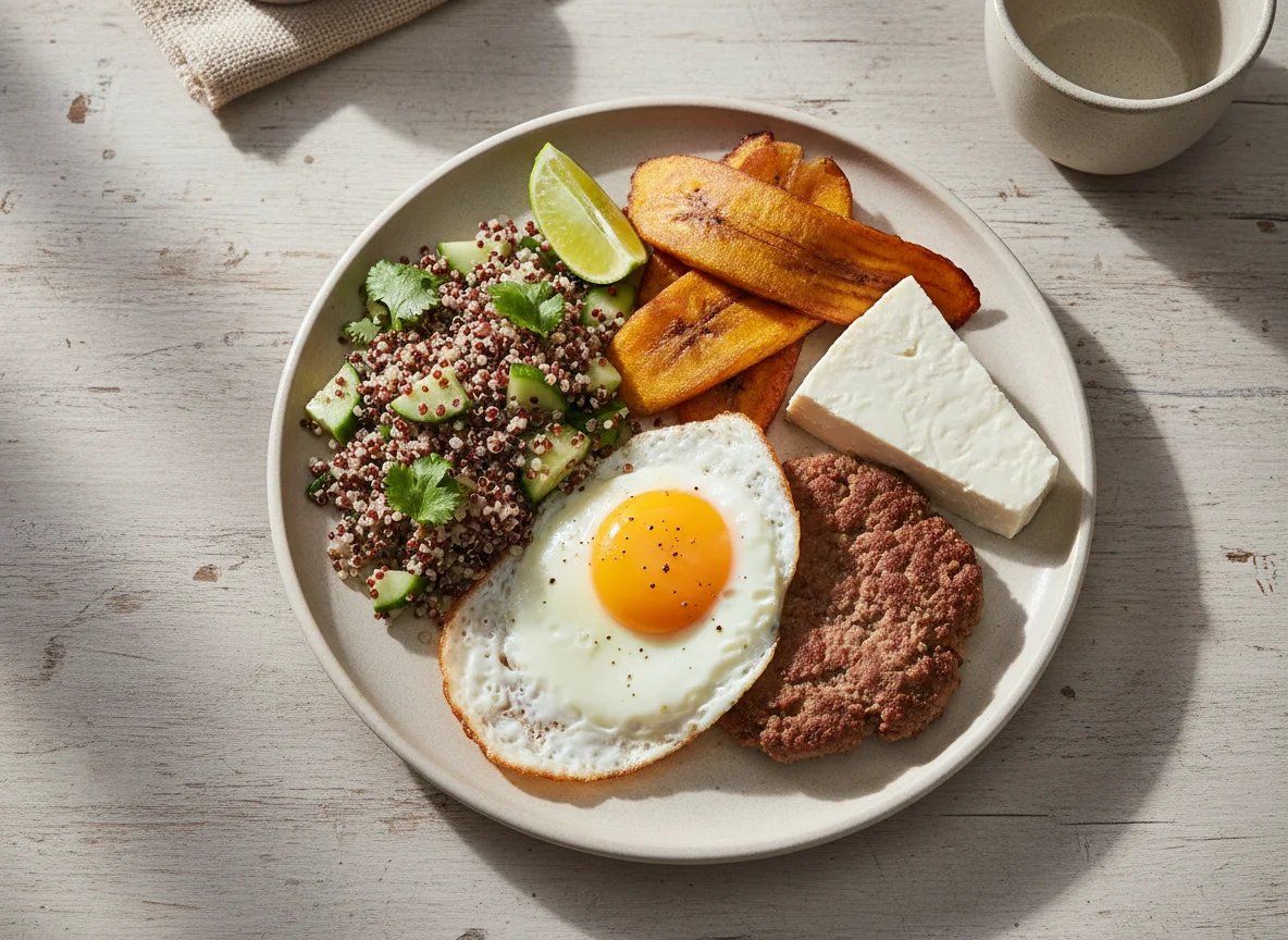Desayuno completo con huevo, carne y quinoa photo