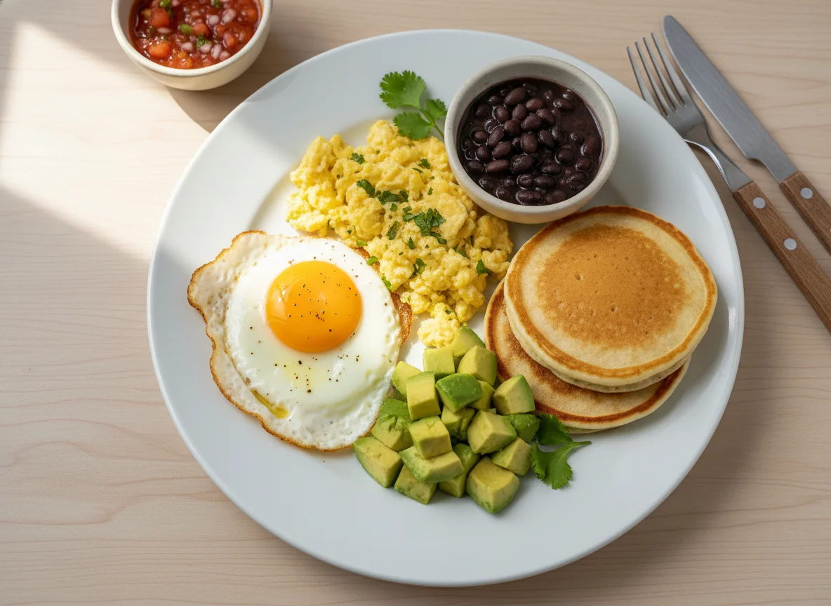 Desayuno completo con huevos, aguacate y tortitas photo