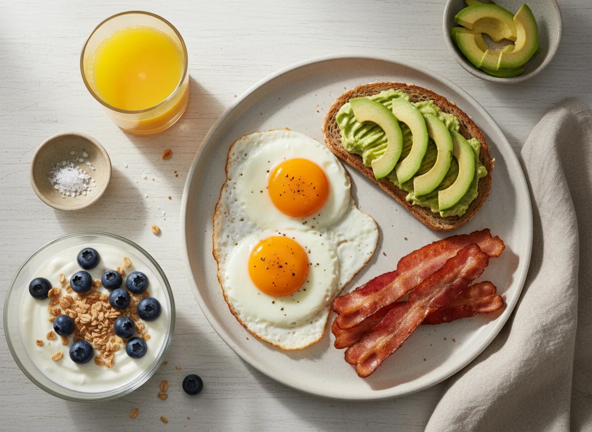 Desayuno completo con huevos, bacon y yogur photo