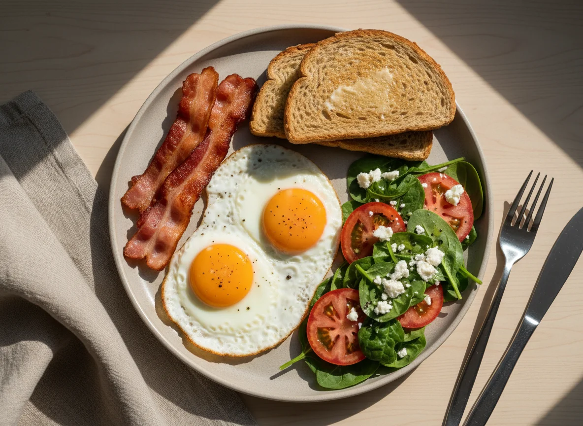 Desayuno completo con huevos fritos, tocino, ensalada y tostadas photo