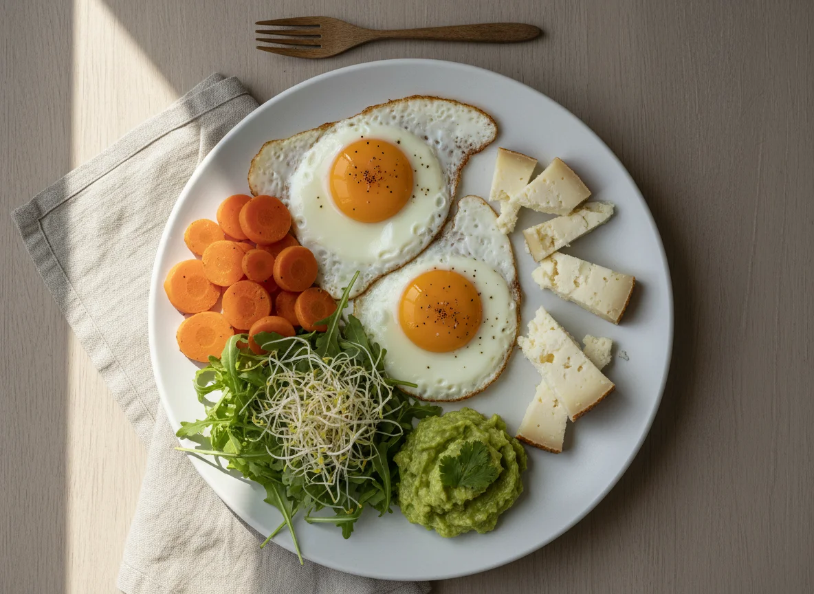 Desayuno completo con huevos fritos, verduras y queso photo