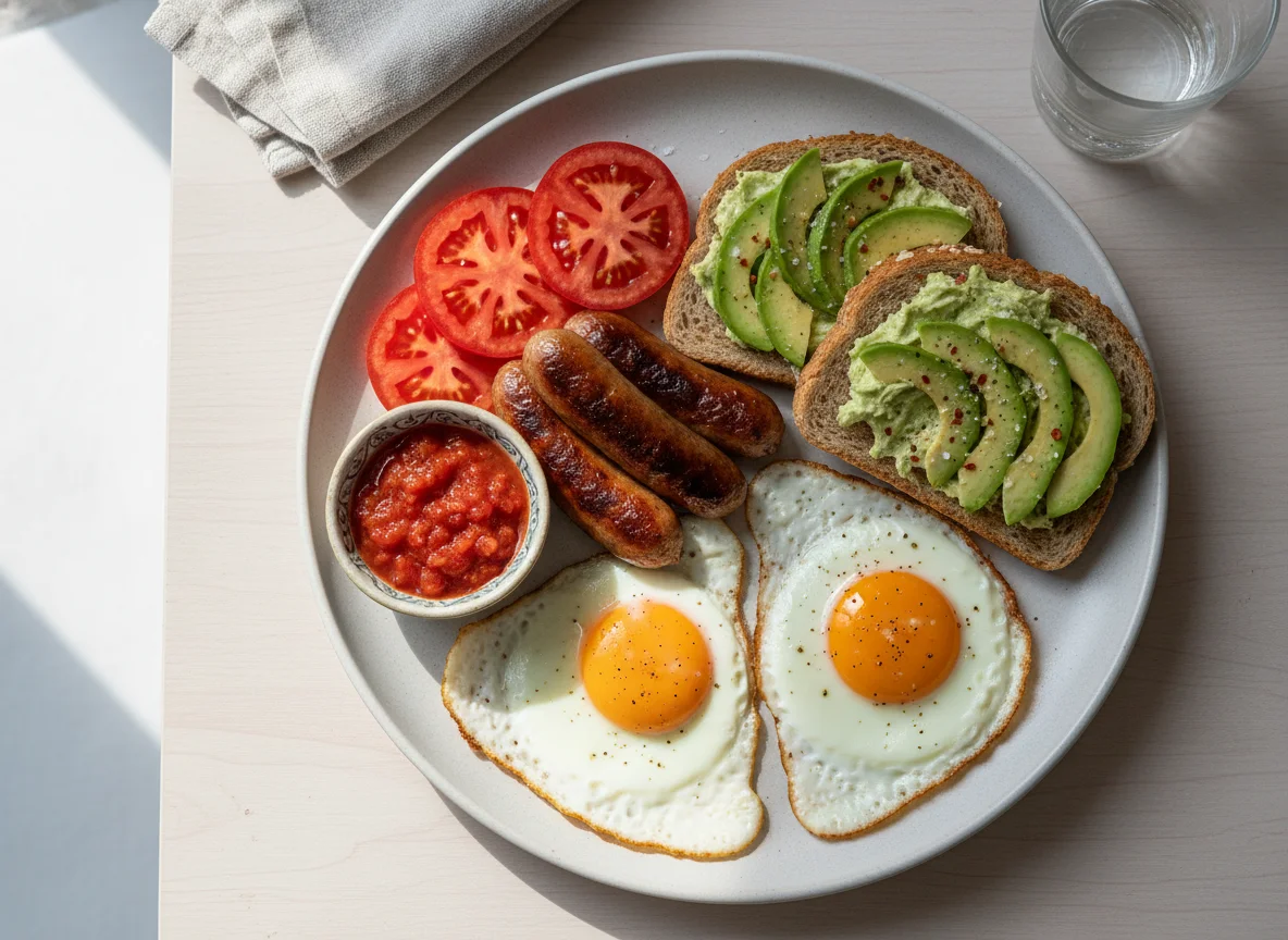 Desayuno completo con huevos fritos y tostadas photo