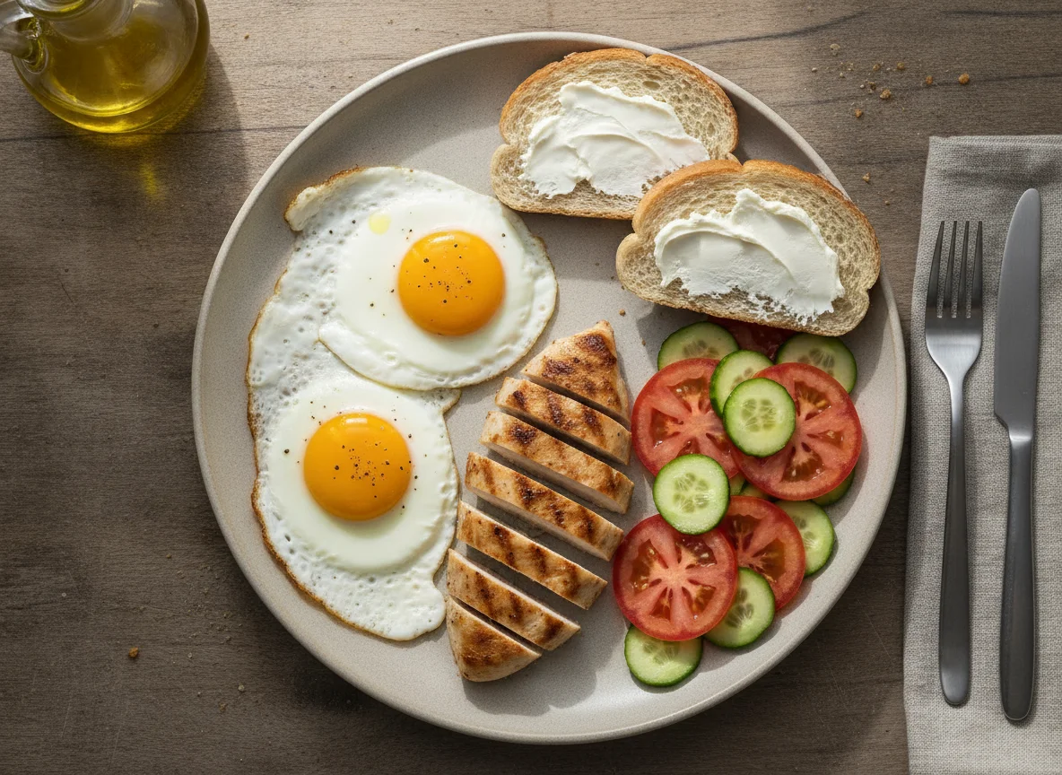Desayuno completo con huevos, pollo, ensalada y tostadas photo