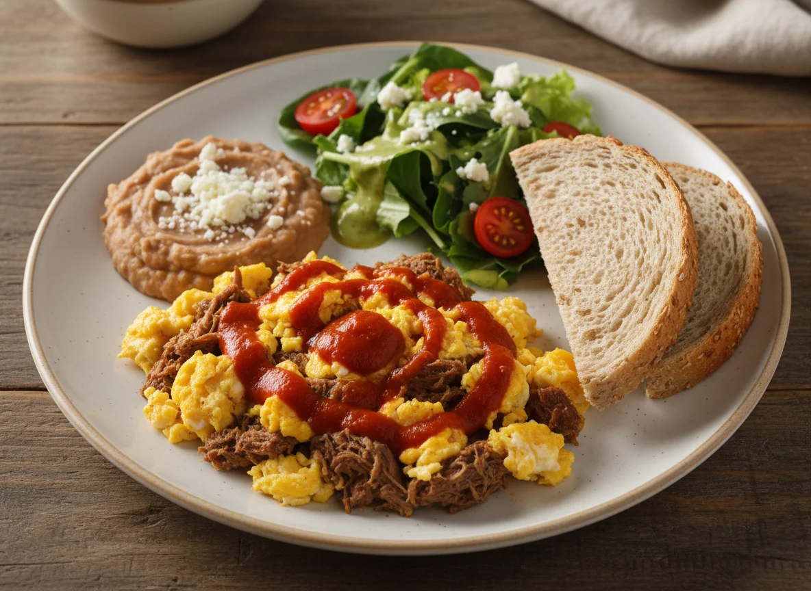 Desayuno completo con huevos revueltos photo