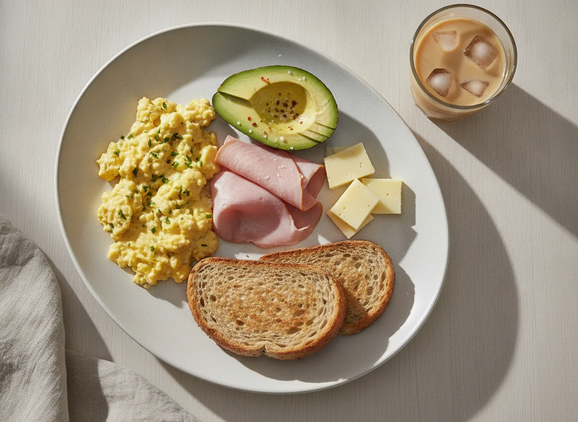 Desayuno completo con huevos revueltos, jamón, queso, palta y tostada photo