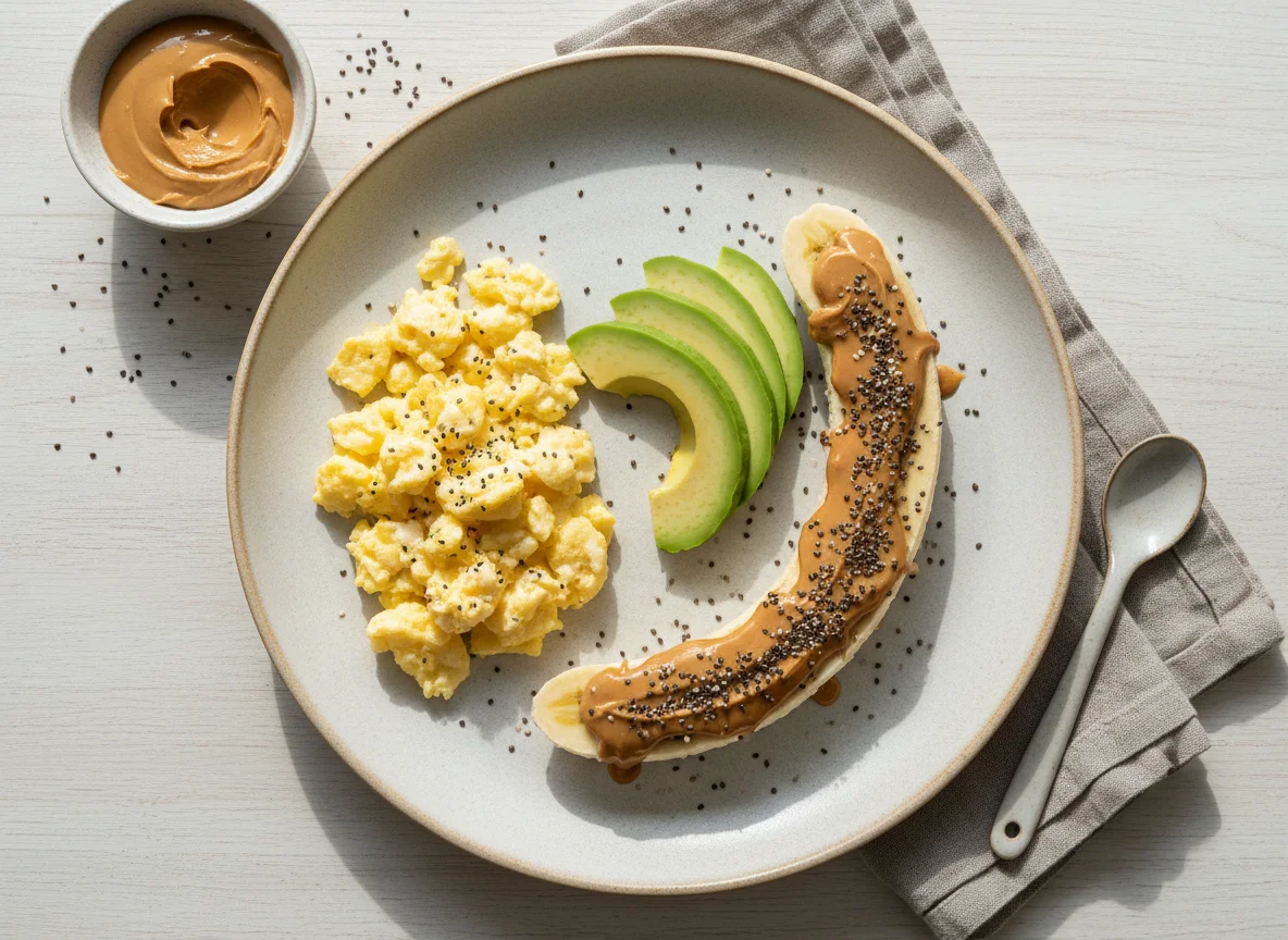 Desayuno completo con huevos revueltos, palta y plátano photo