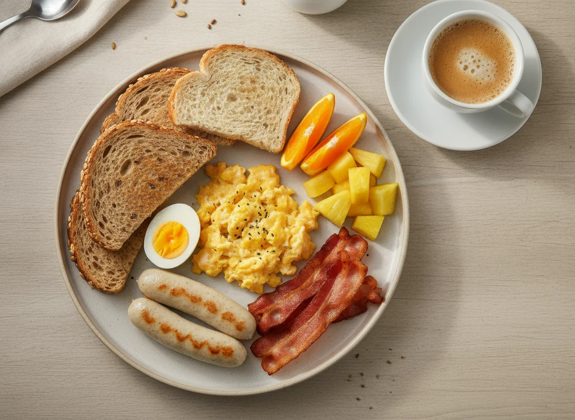 Desayuno completo con huevos revueltos, salchicha, bacon y fruta photo