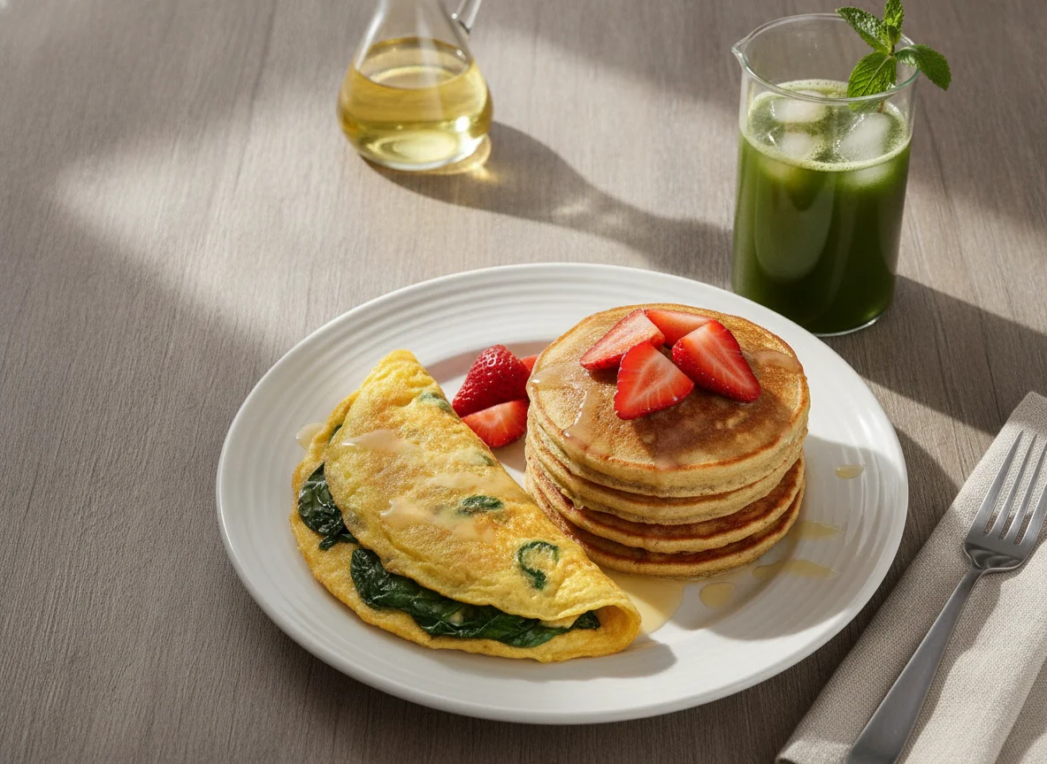 Desayuno completo con omelette, hot cakes de avena y jugo verde photo