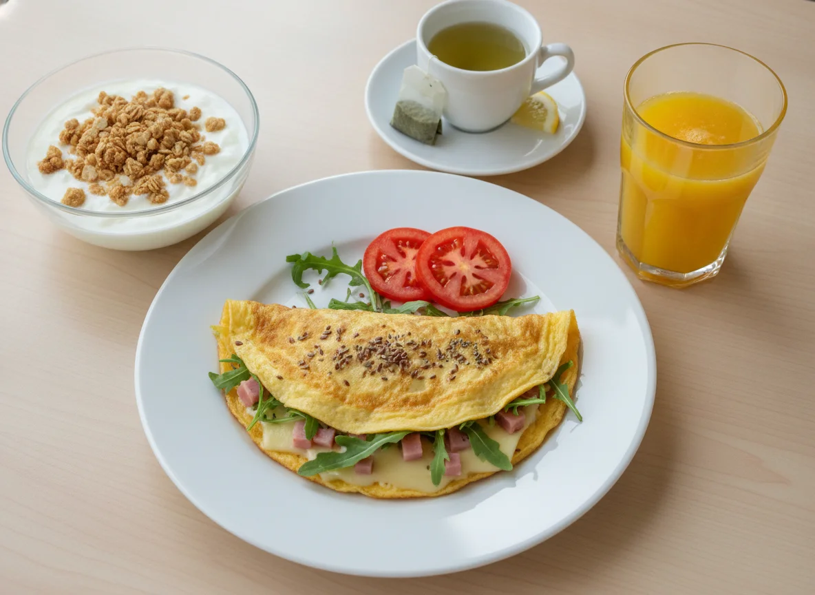 Desayuno completo con omelette, yogur y jugo photo
