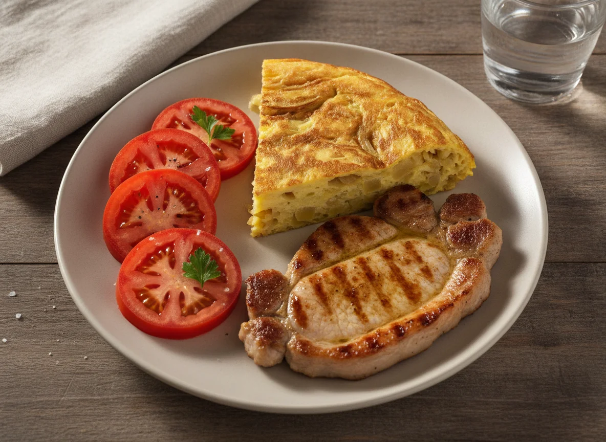 Desayuno completo con tortilla, carne y tomate photo