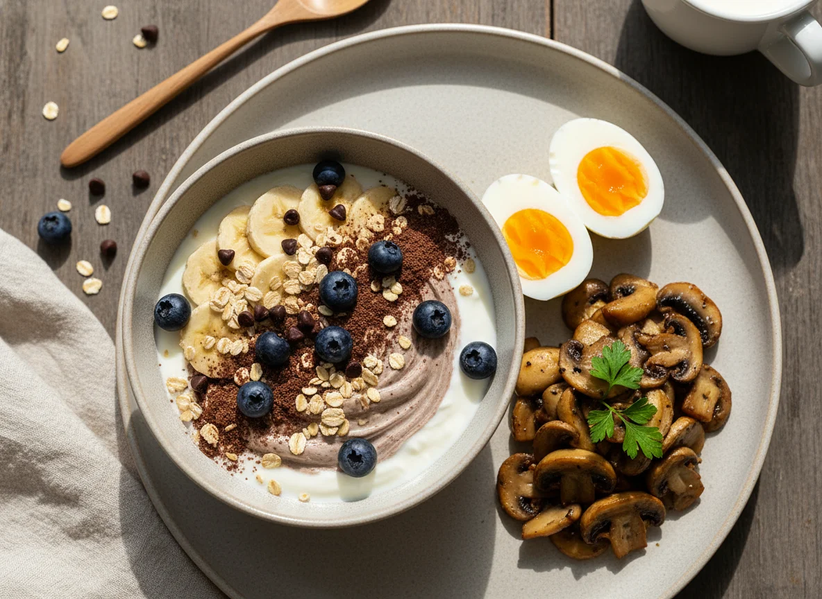 Desayuno completo con yogur proteico y huevos photo