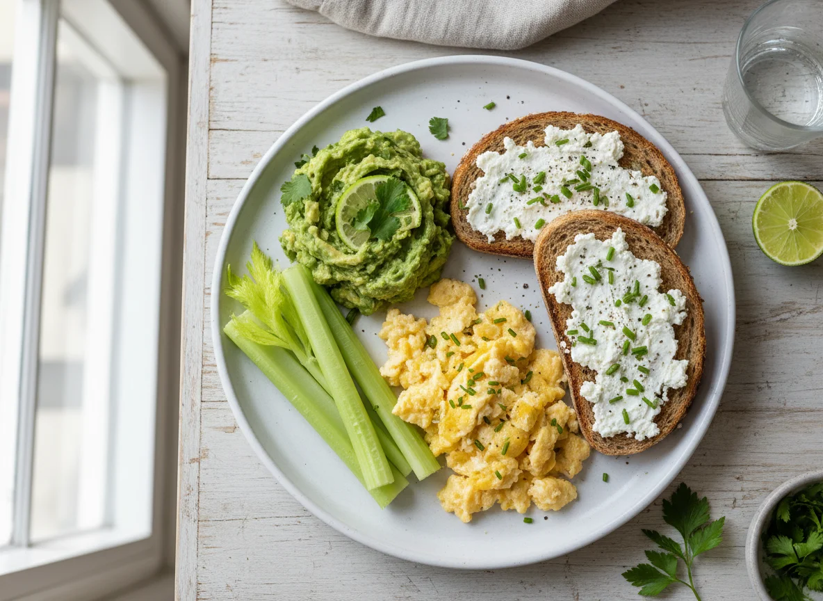 Desayuno con aguacate, apio, huevo y tostada con queso cottage photo