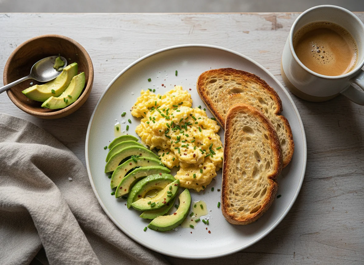 Desayuno con aguacate, huevos revueltos, pan tostado y café con leche photo