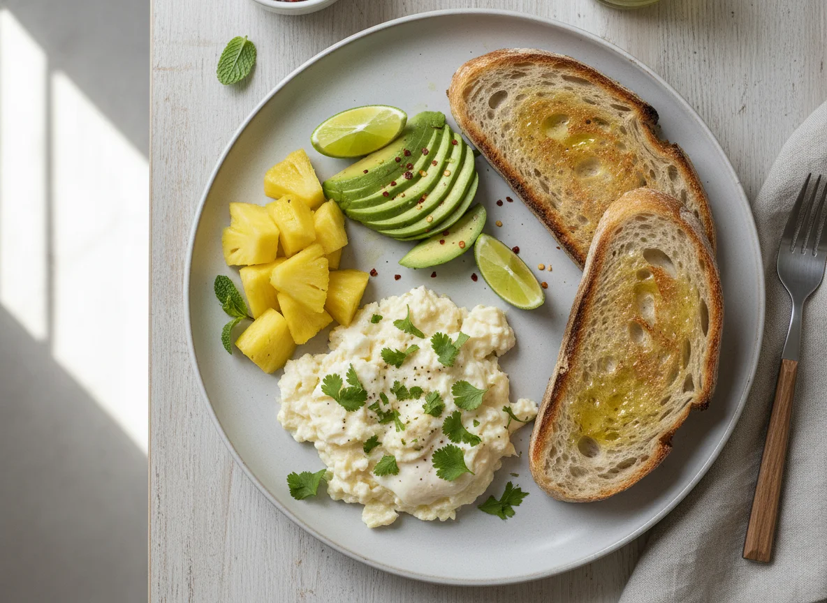 Desayuno con aguacate, huevos revueltos, pan y piña photo
