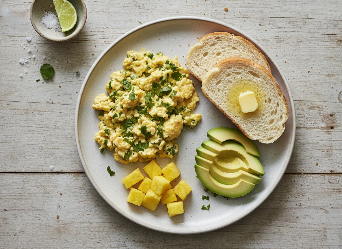 Desayuno con aguacate, huevos revueltos, piña y pan photo