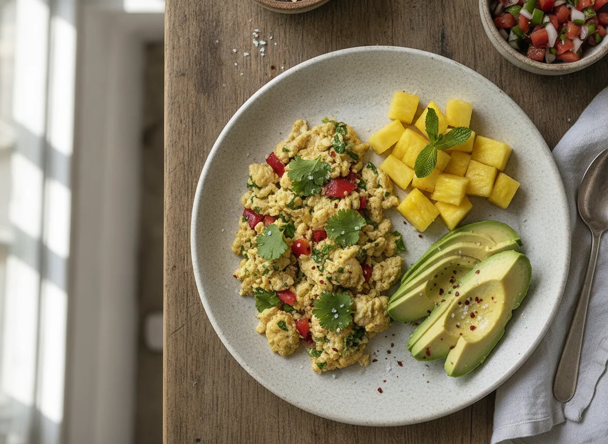 Desayuno con aguacate, huevos revueltos y piña photo