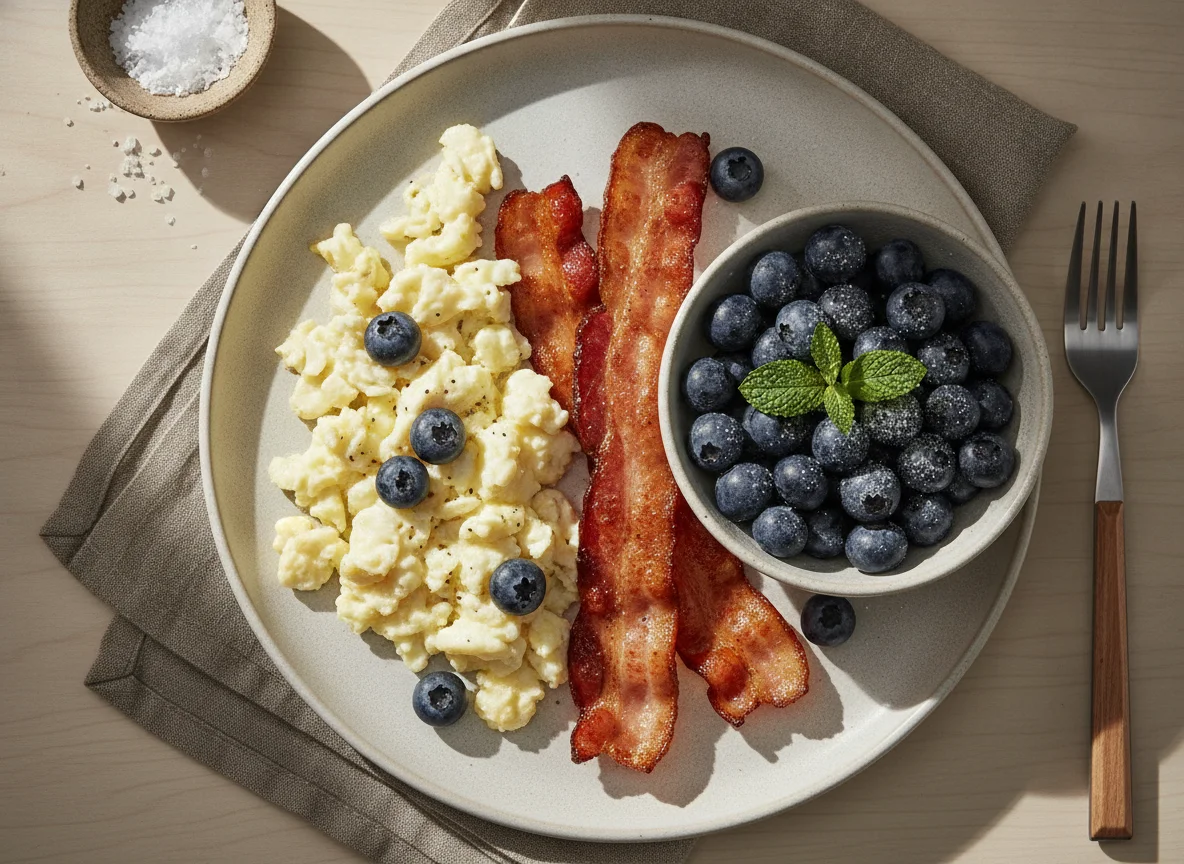Desayuno con arándanos y claras de huevo revueltas con tocino photo