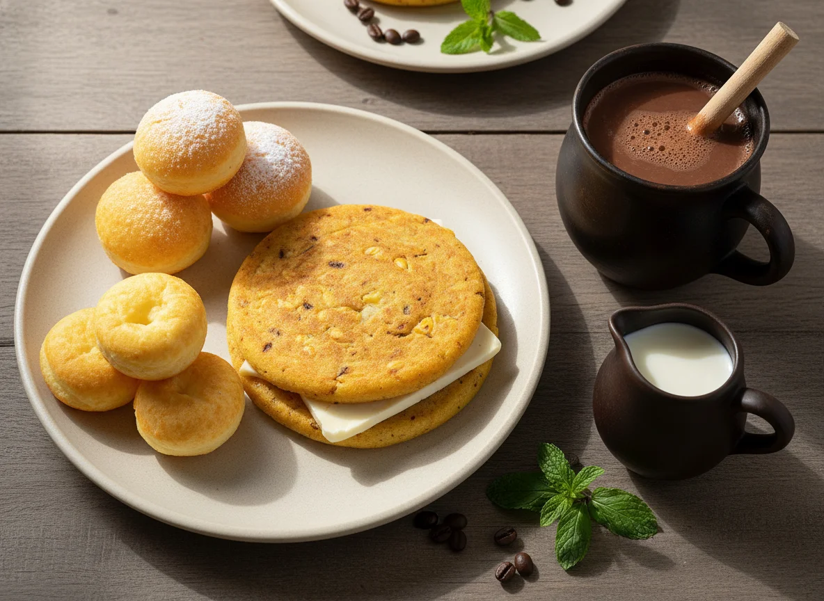 Desayuno con arepa de choclo, pan de queso y chocolate caliente photo