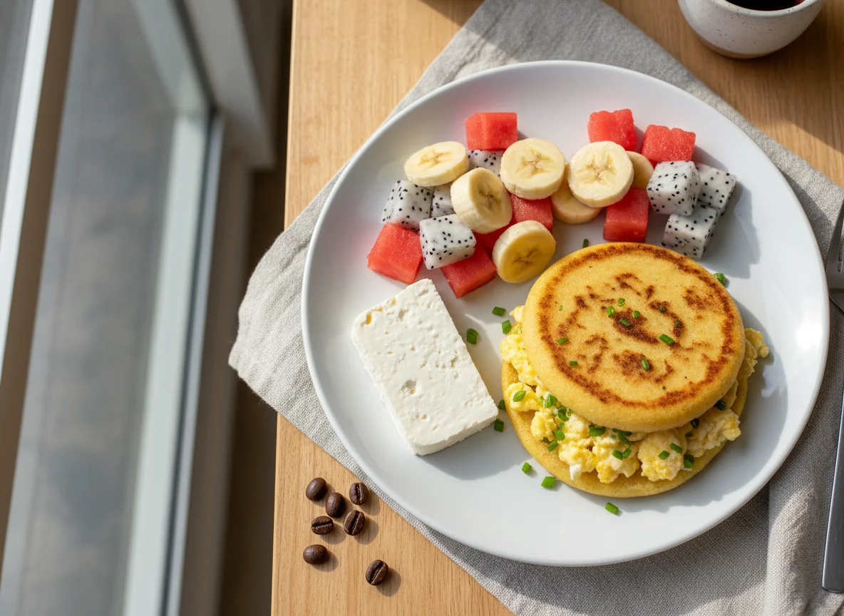Desayuno con arepa, huevos revueltos, queso y ensalada de frutas photo